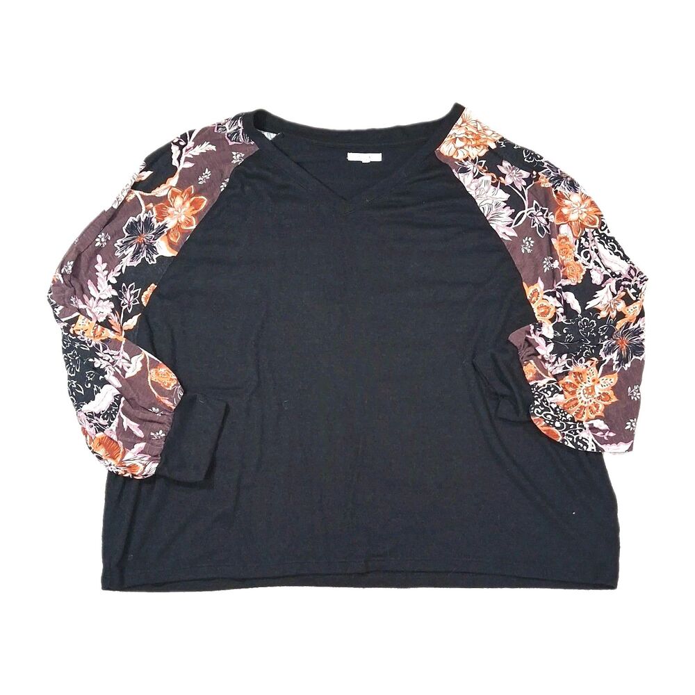 Maurices Womens Plus 1X Top Black Floral Raglan Baseball Sleeve V-Neck Shirt TEE